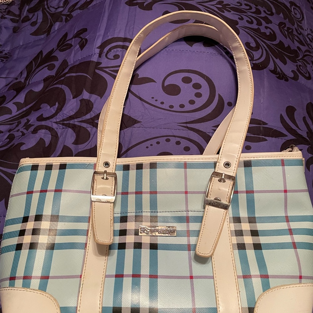 Burberry Blue and Cream Plaid Tote
